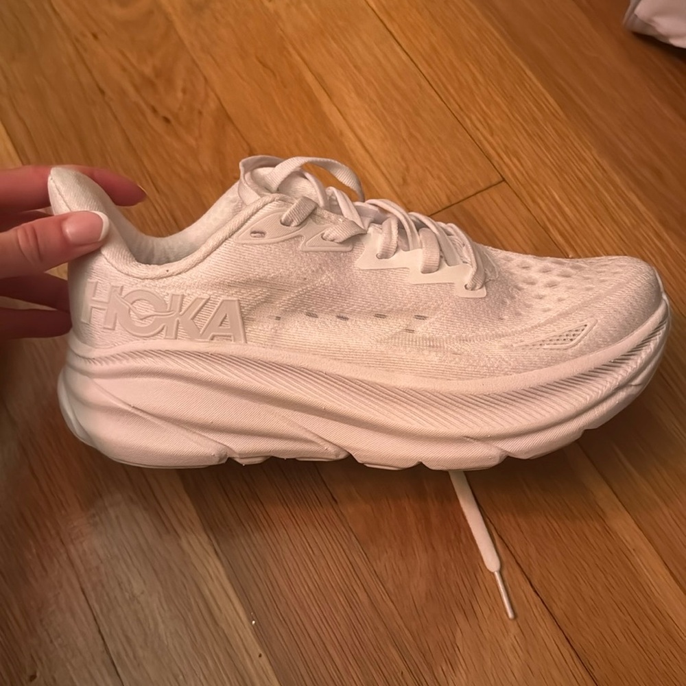 White Hoka Clifton 9 running shoe sneakers